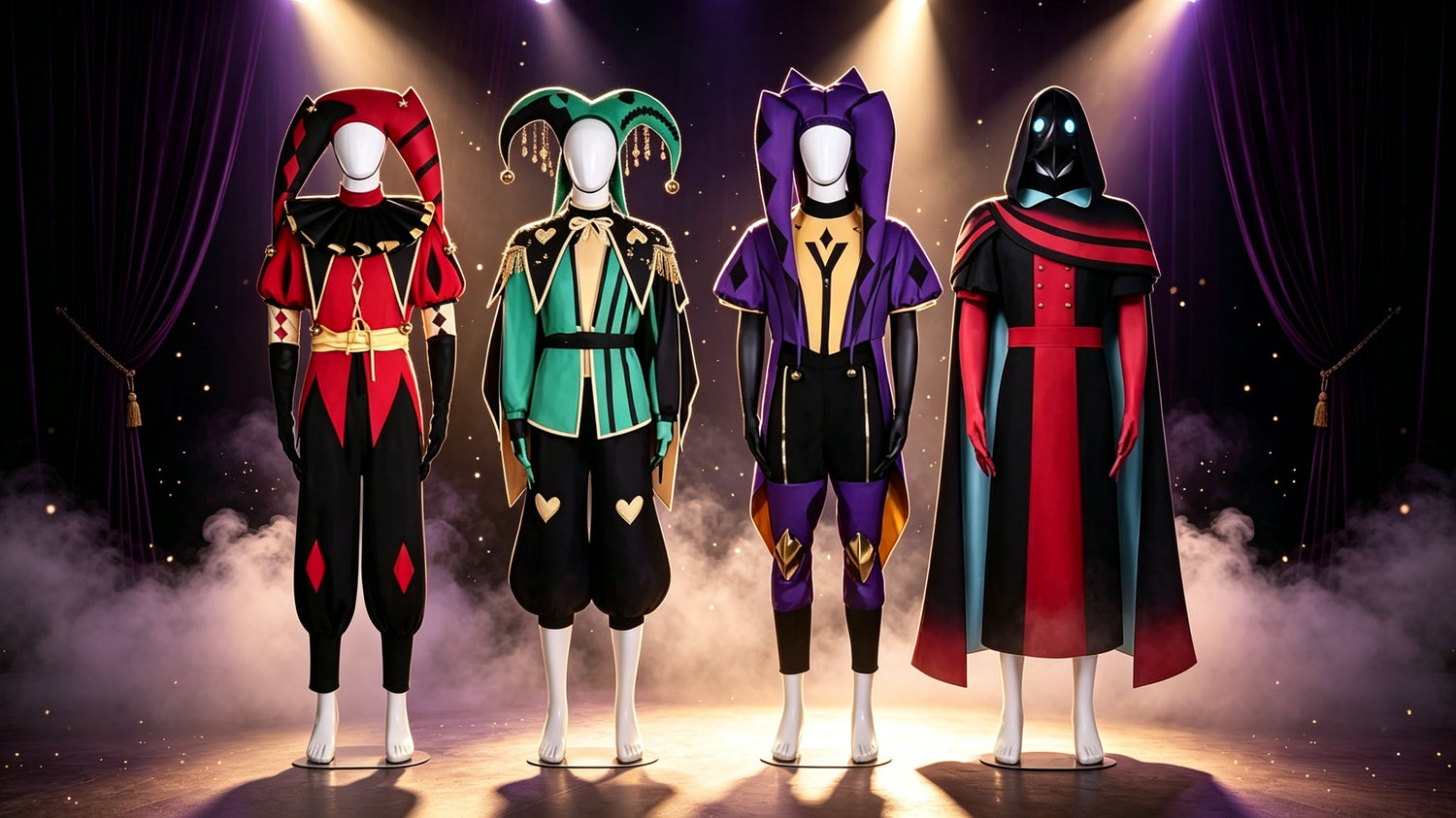 Four Game Freak Circus cosplay costumes displayed under stage spotlights: red black Pierrot, green black Harlequin, purple gold Jester, and black red plague Doctor full outfits