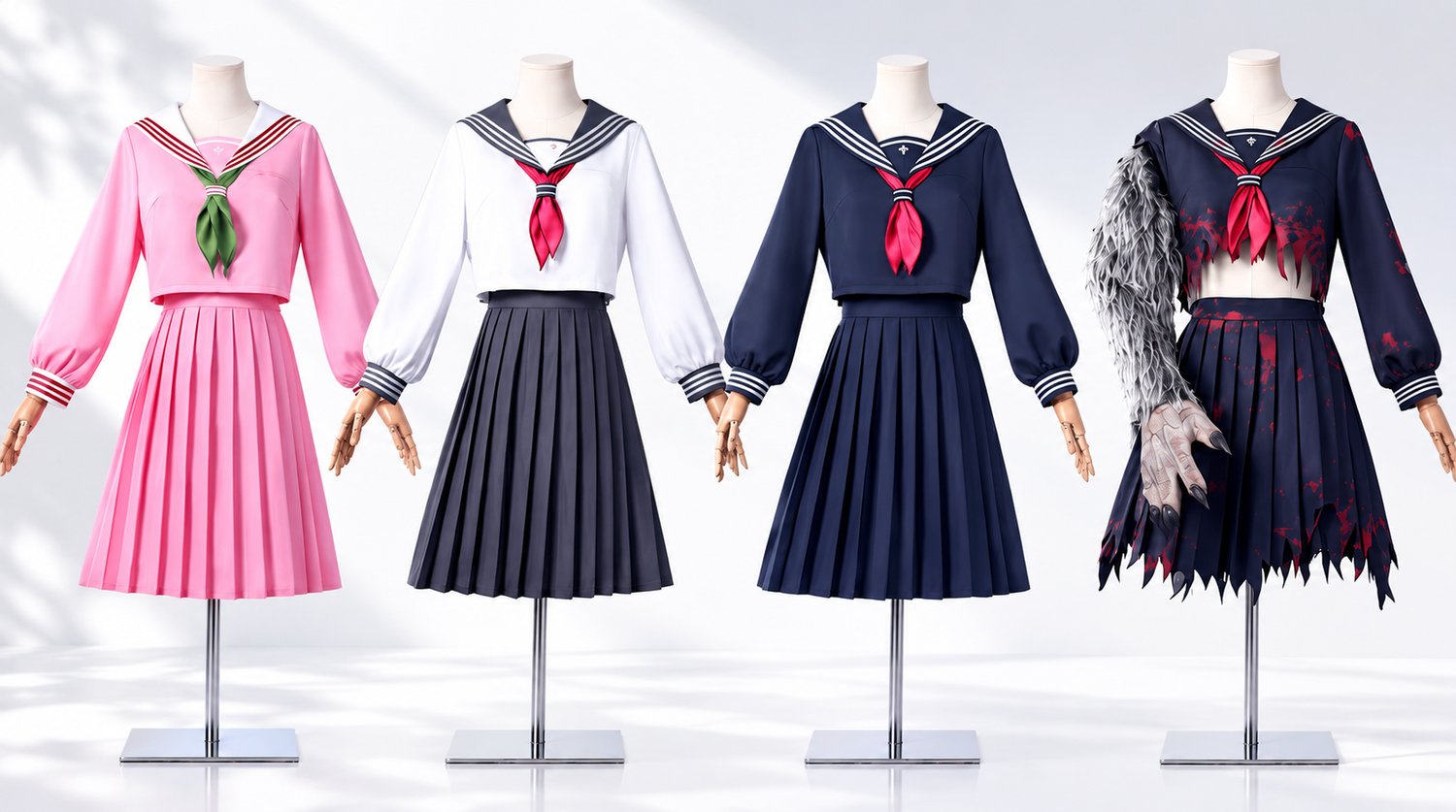mannequin display four versions of shimizu hinako sailor uniform cosplay costume from silent hill f pink white navy and monster variant outfit