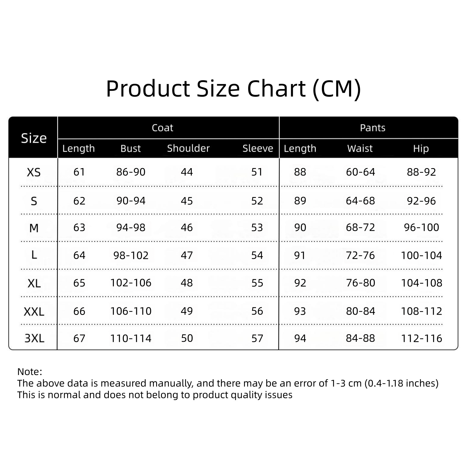 Zanka cosplay costume size chart