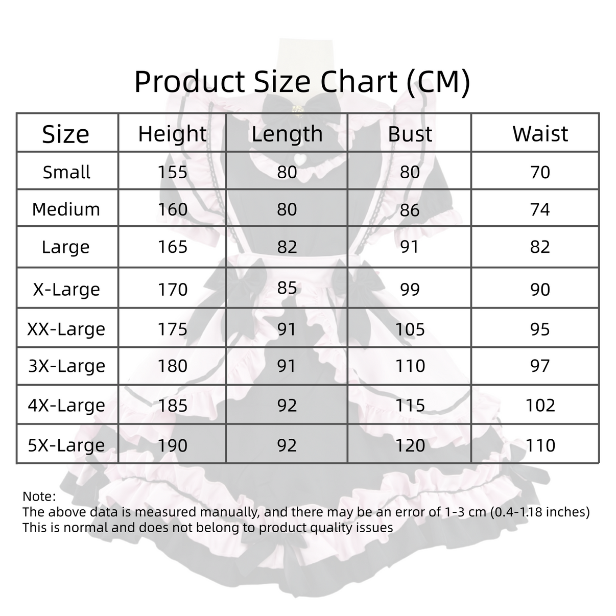 Female cute sweet French maid outfit size chart