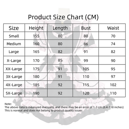 Female cute sweet French maid outfit size chart