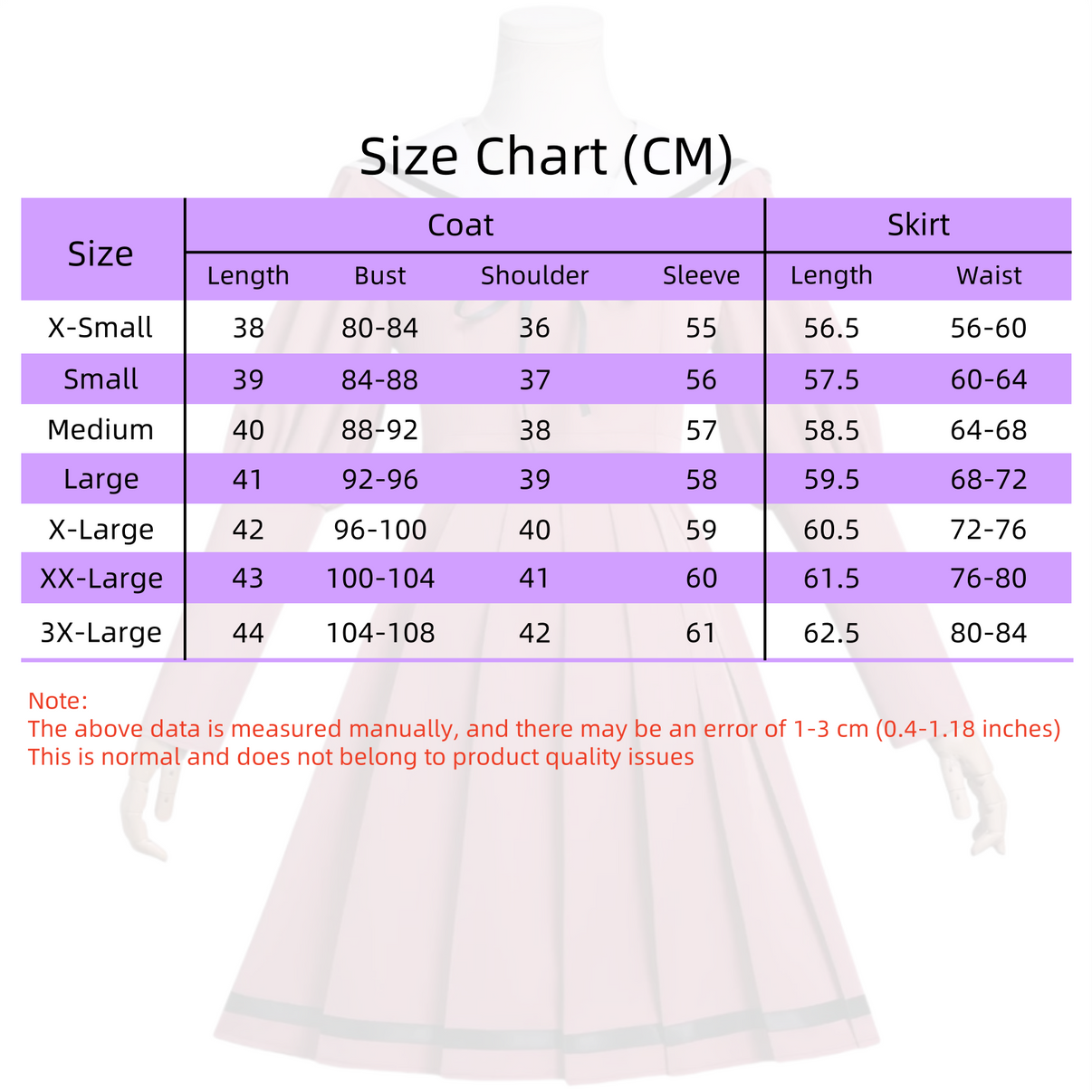 Waguri Kaoruko pink JK sailor cosplay dress size chart