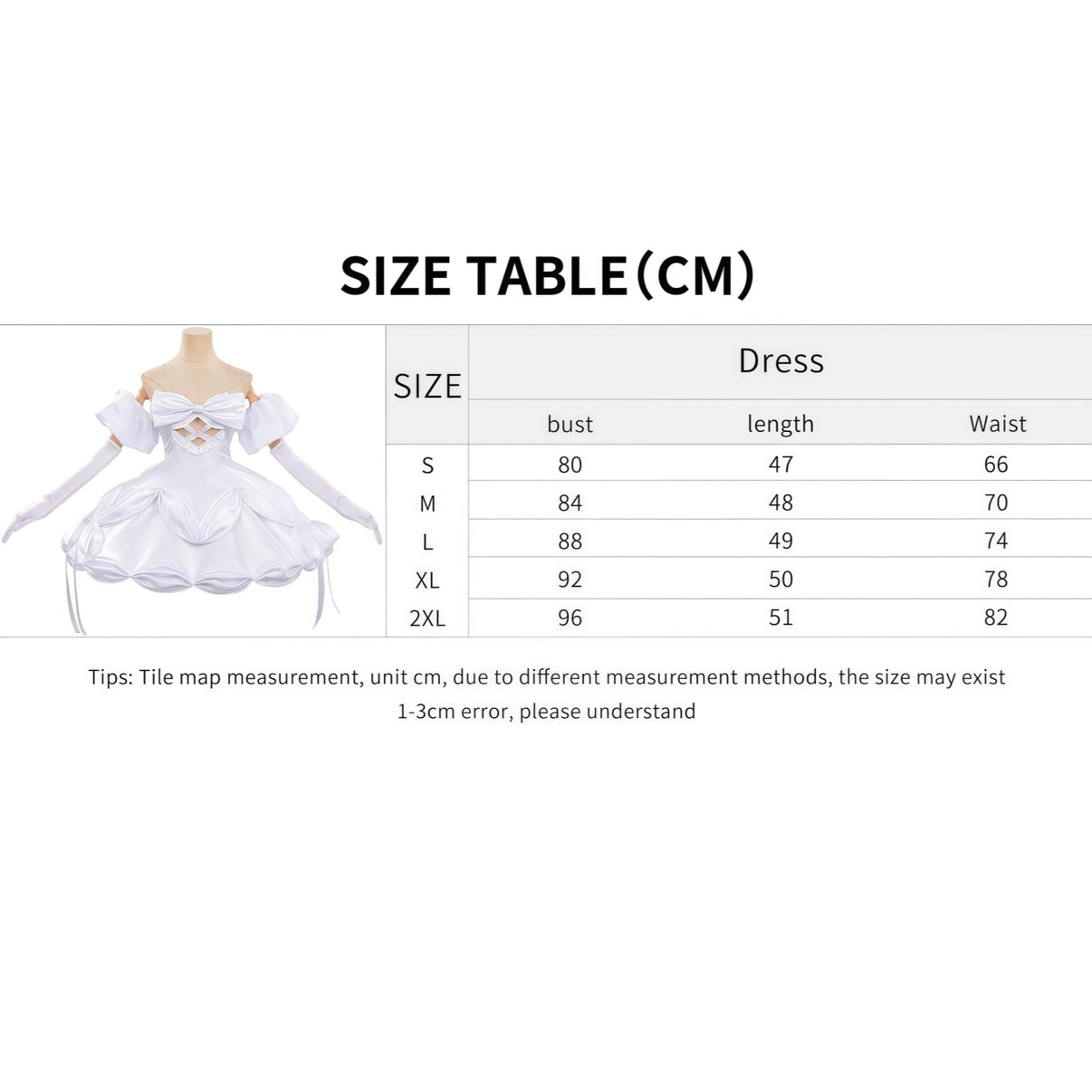 size table alien stage zombie stage sua cosplay white dress bust waist length size parameter sheet