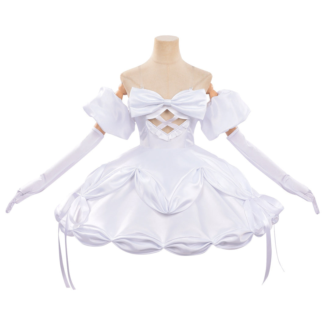 alien stage zombie stage sua cosplay white dress big front bow bubble skirt with long gloves mannequin front view
