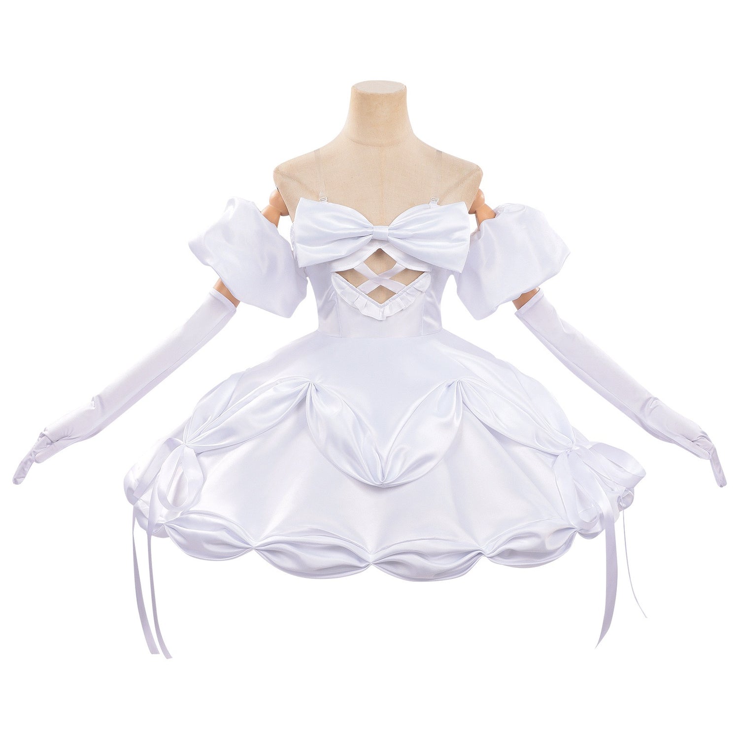 alien stage zombie stage sua cosplay white dress big front bow bubble skirt with long gloves mannequin front view
