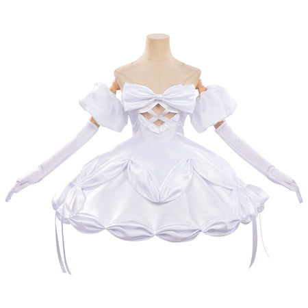 alien stage zombie stage sua cosplay white dress big front bow bubble skirt with long gloves mannequin front view