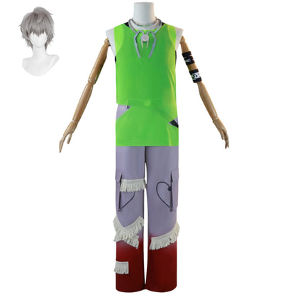 alien stage till cosplay costume green tank top gradient fringe pants full outfit with short silver gray wig anime character suit