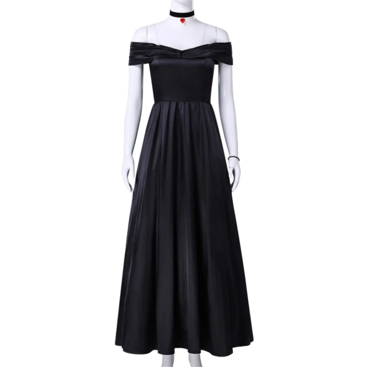 anime joker jester clown queen cosplay black off‑shoulder long dress full front view