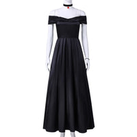 anime joker jester clown queen cosplay black off‑shoulder long dress full front view