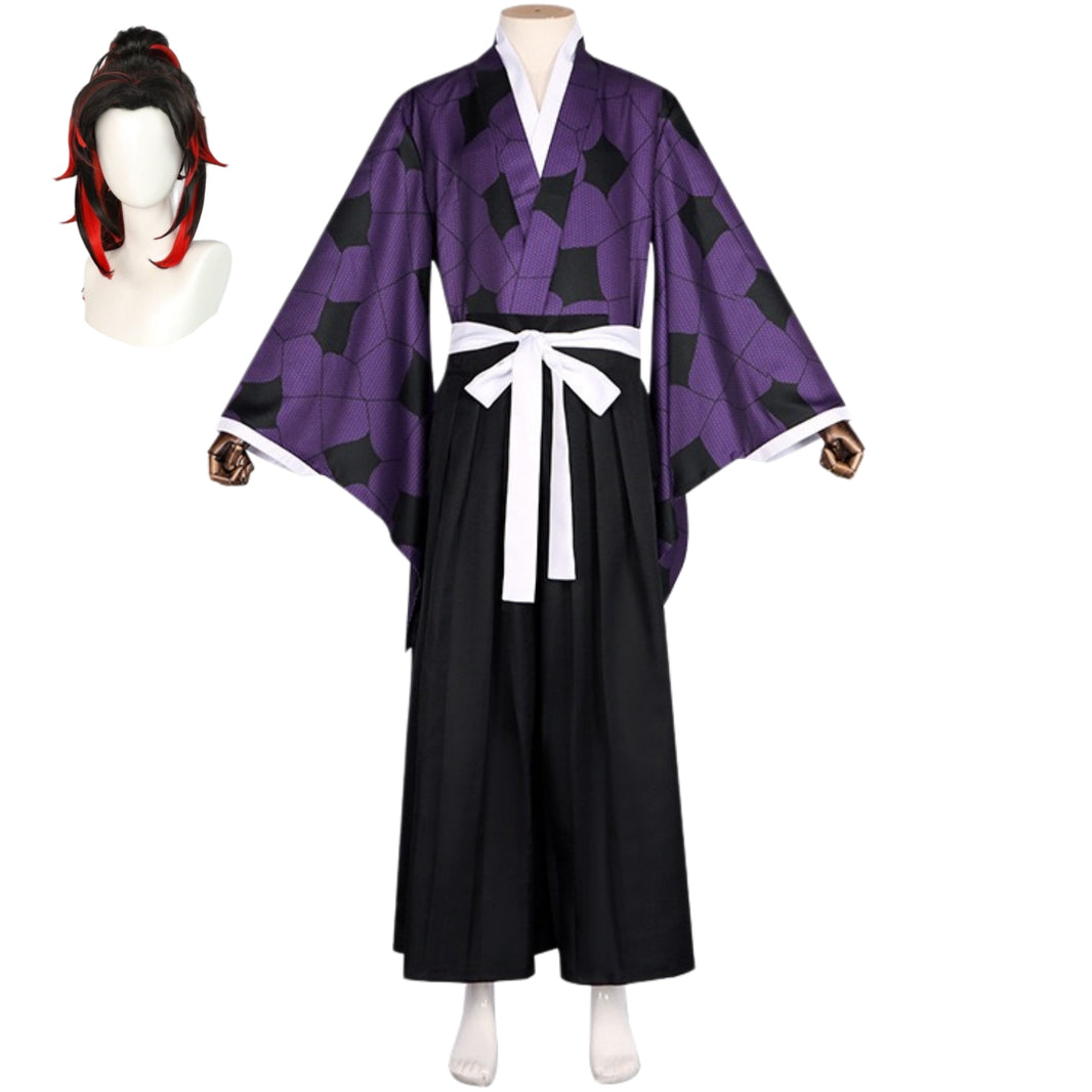 anime demon kokushibou cosplay costume with red‑black wig, full kokushibou cosplay kimono set