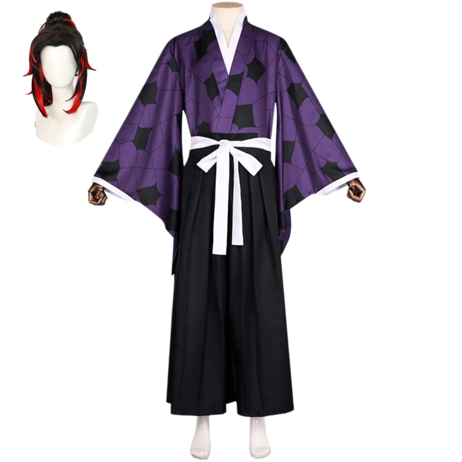anime demon kokushibou cosplay costume with red‑black wig, full kokushibou cosplay kimono set