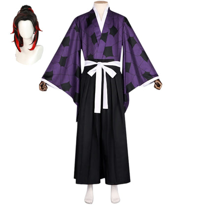 anime demon kokushibou cosplay costume with red‑black wig, full kokushibou cosplay kimono set