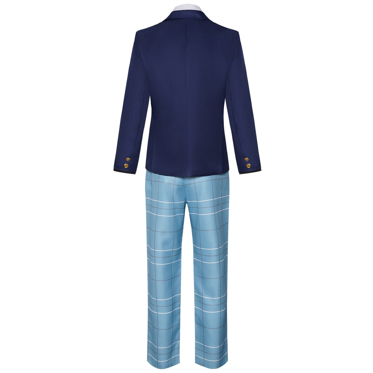 wakana cosplay school suit back side gold sleeve button navy blazer light blue plaid trousers