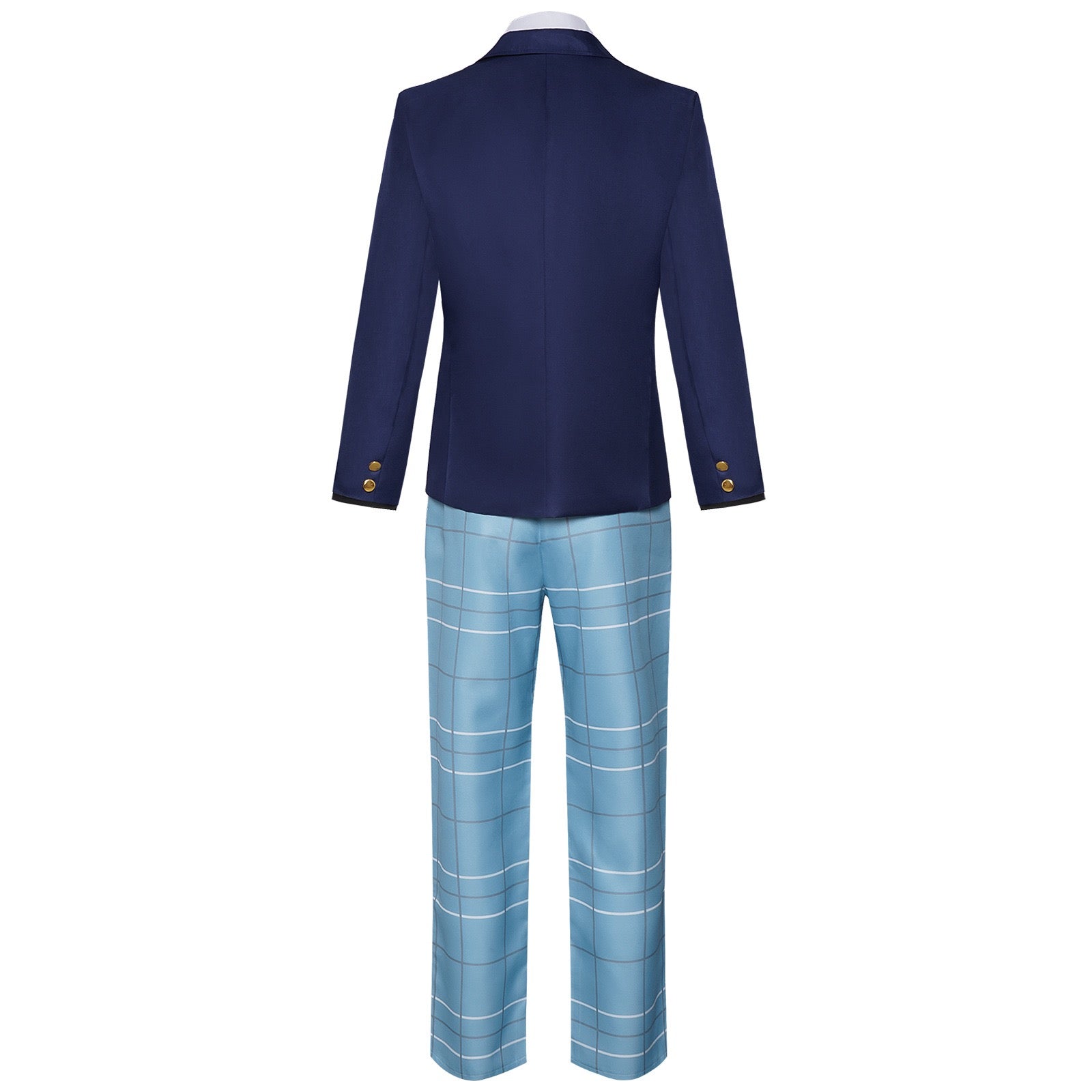 wakana cosplay school suit back side gold sleeve button navy blazer light blue plaid trousers