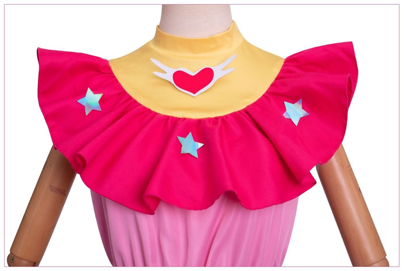 oshi no ko hoshino ai cosplay costume yellow collar pink ruffle heart brooch holographic stars detail