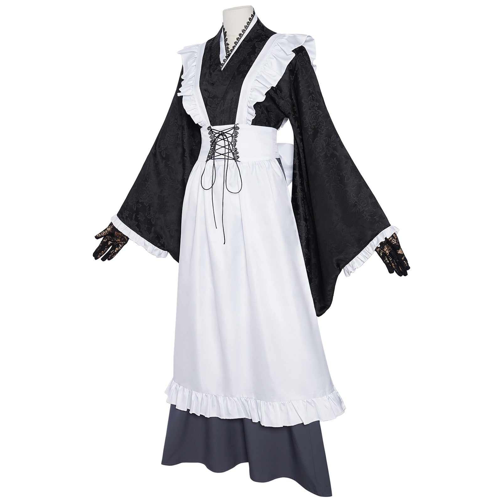 kuroe shizuku cosplay jacquard kimono corset lace-up waist ruffle apron traditional maid dress