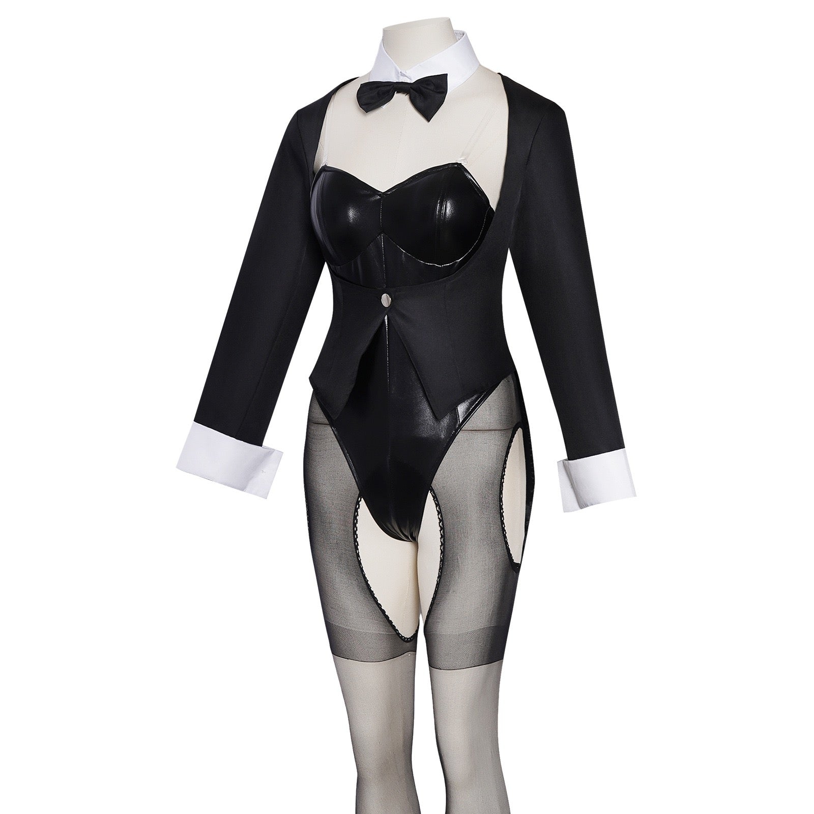 kitagawa marin black bunny suit white collar bow tie faux leather bodysuit sheer mesh stockings
