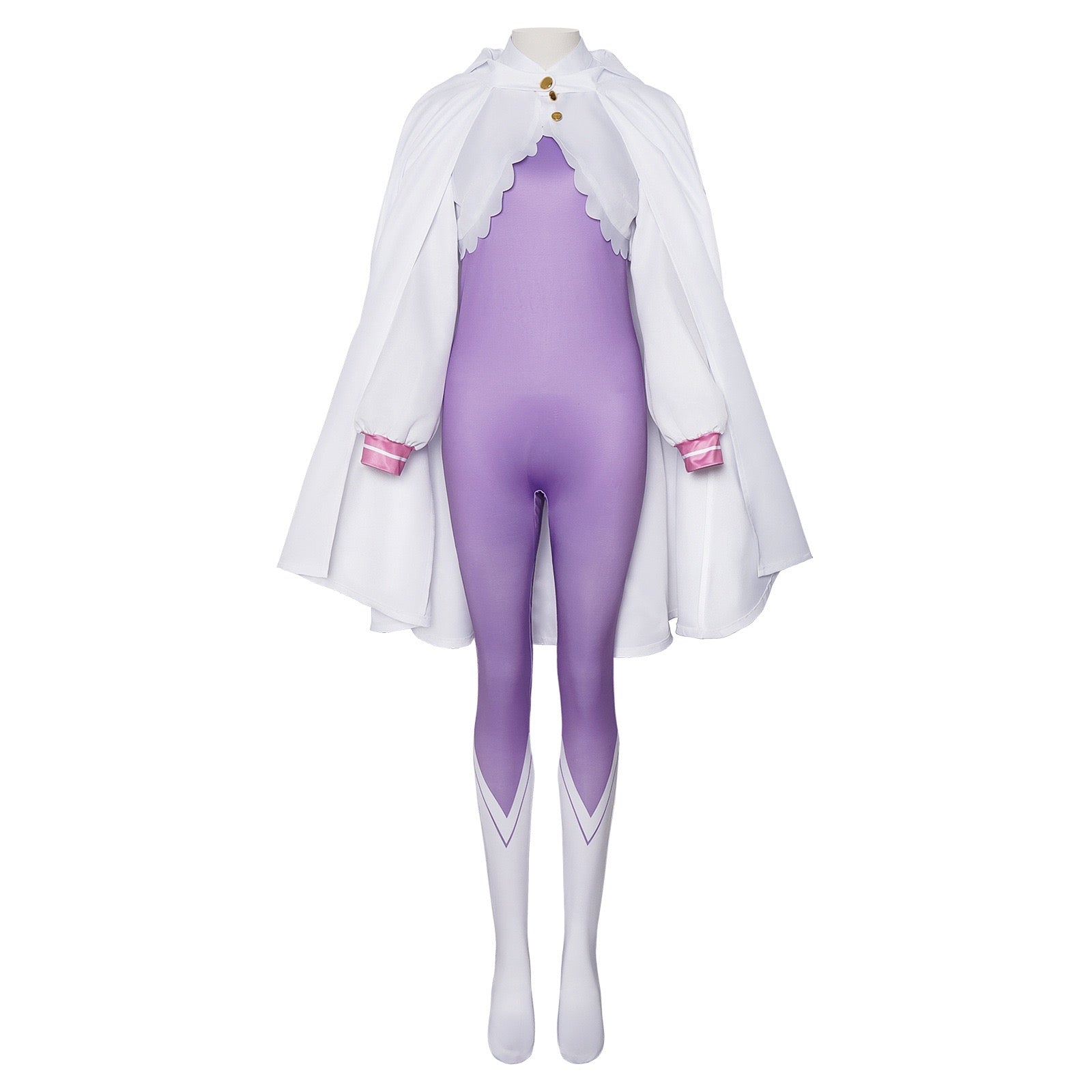 anime re zero emilia cosplay purple jumpsuit with white cape front full outfit shot