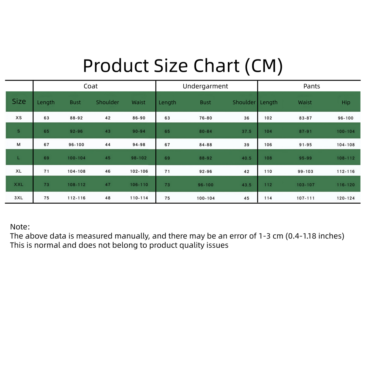 Till green vest cosplay costume size chart