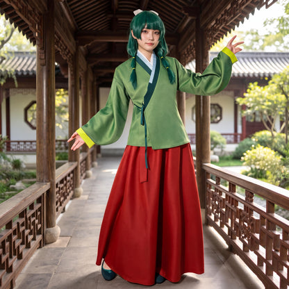 the apothecary diaries maomao cosplay green hanfu red long skirt in ancient chinese corridor realistic skin fabric texture natural daylight