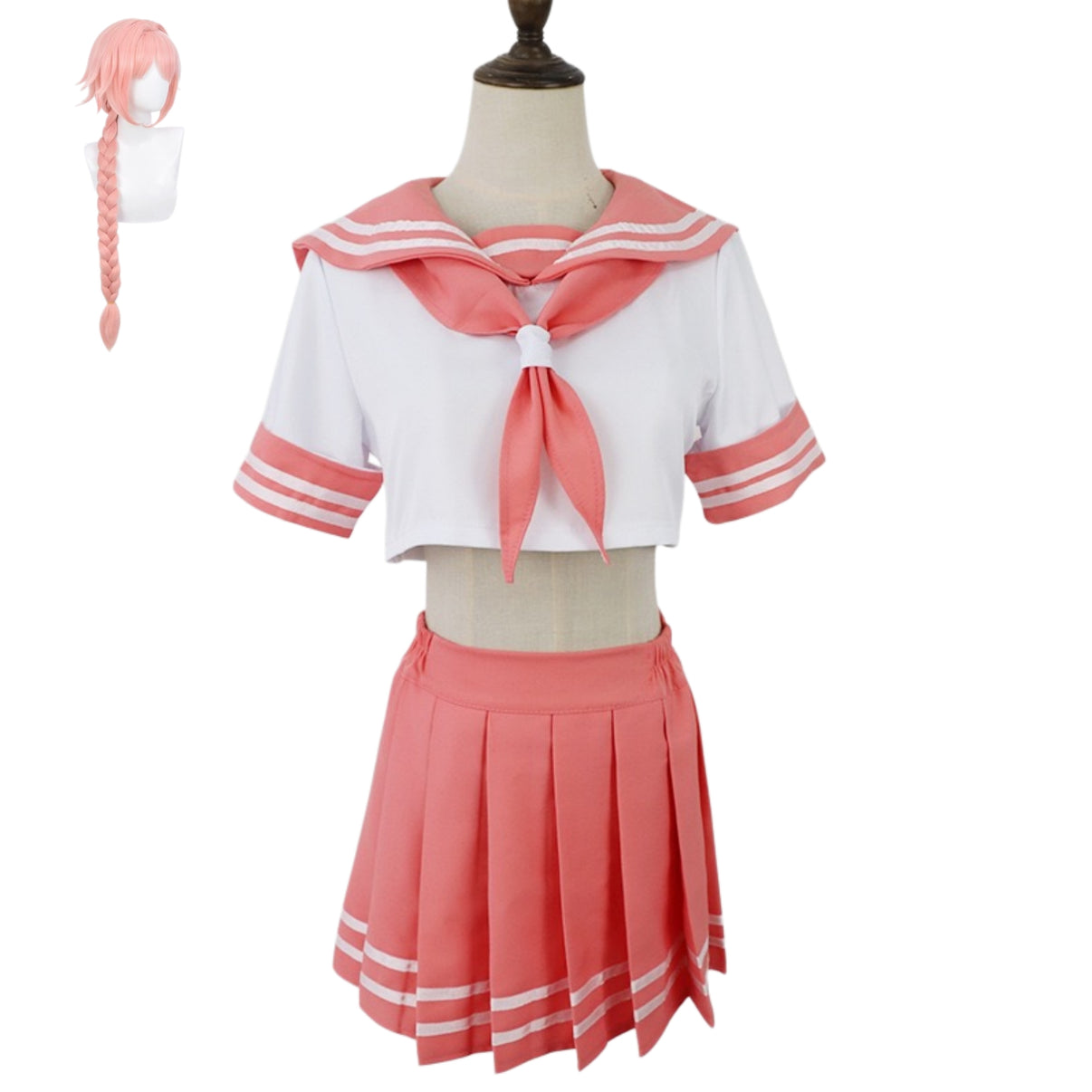 complete astolfo sailor uniform set matching long pink braid wig front mannequin display fate apocrypha
