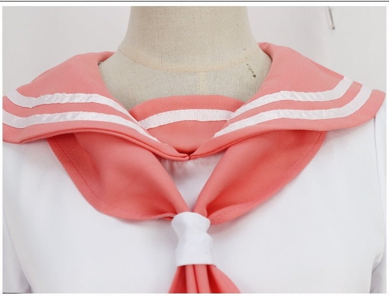 close up front view of pink two white stripe sailor collar with pink neck tie for astolfo fate apocrypha cosplay uniform