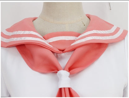 close up front view of pink two white stripe sailor collar with pink neck tie for astolfo fate apocrypha cosplay uniform