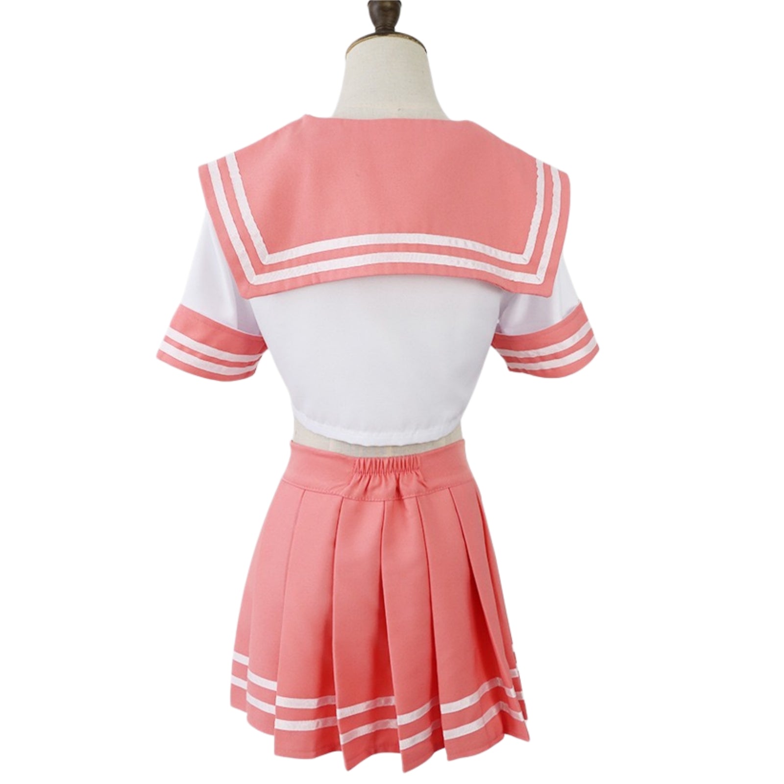 full back mannequin view wide pink sailor collar short sleeve pleated striped skirt astolfo uniform