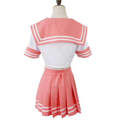 full back mannequin view wide pink sailor collar short sleeve pleated striped skirt astolfo uniform