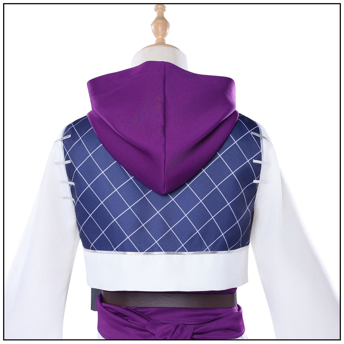 full back mannequin shot jabber gachiakuta cosplay purple hood inner top dark blue grid cropped vest white trim