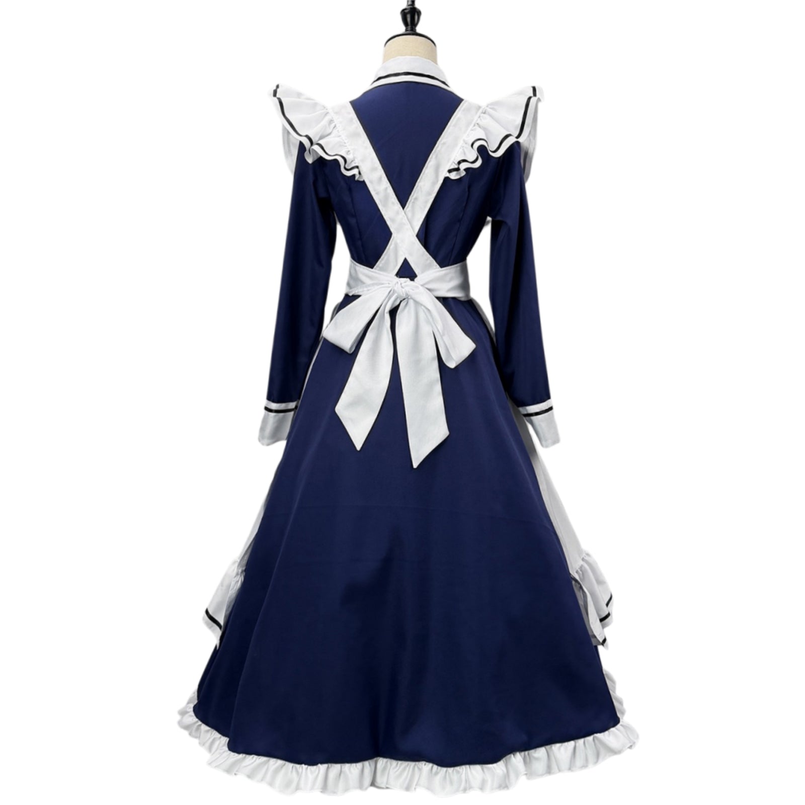 full back mannequin view cross back white tie apron navy ruffle hem long maid dress shiki natsume costume