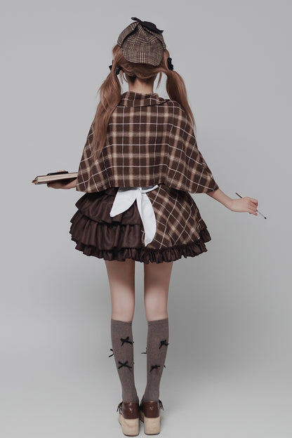rear shot brown grid maid outfit layered ruffle skirt white back bow plaid cape detective cosplay