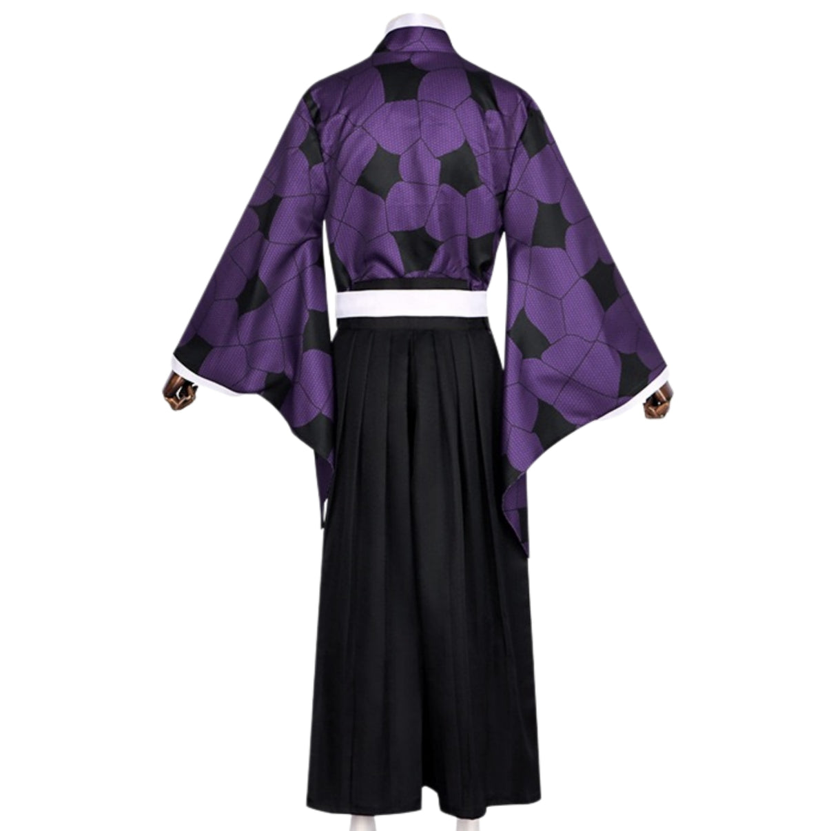 back view of printed kokushibou cosplay kimono and black hakama pants outfit
