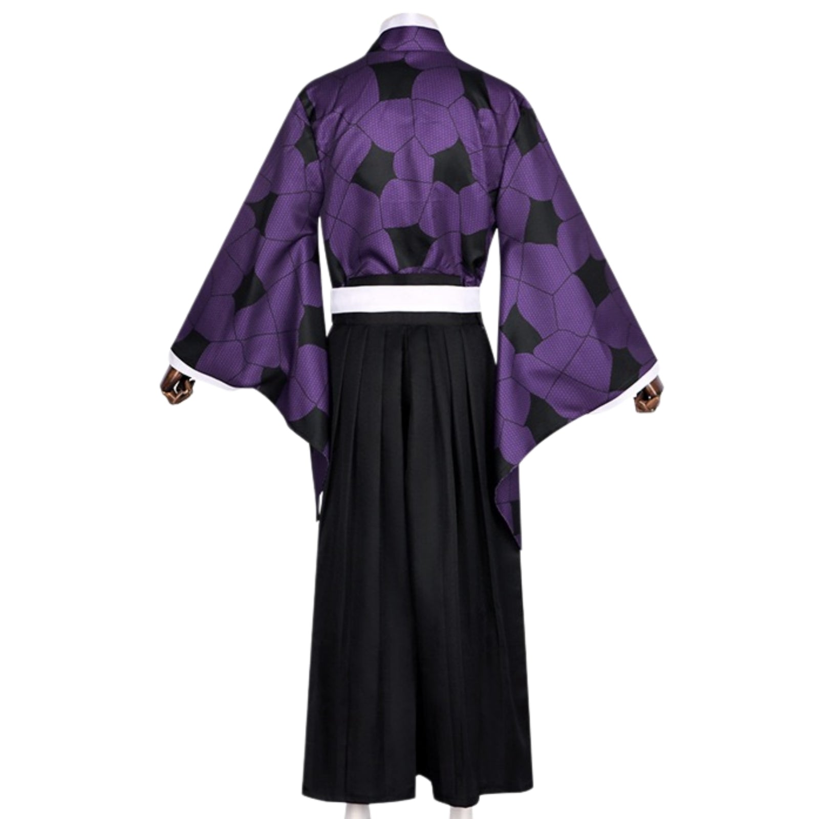 back view of printed kokushibou cosplay kimono and black hakama pants outfit