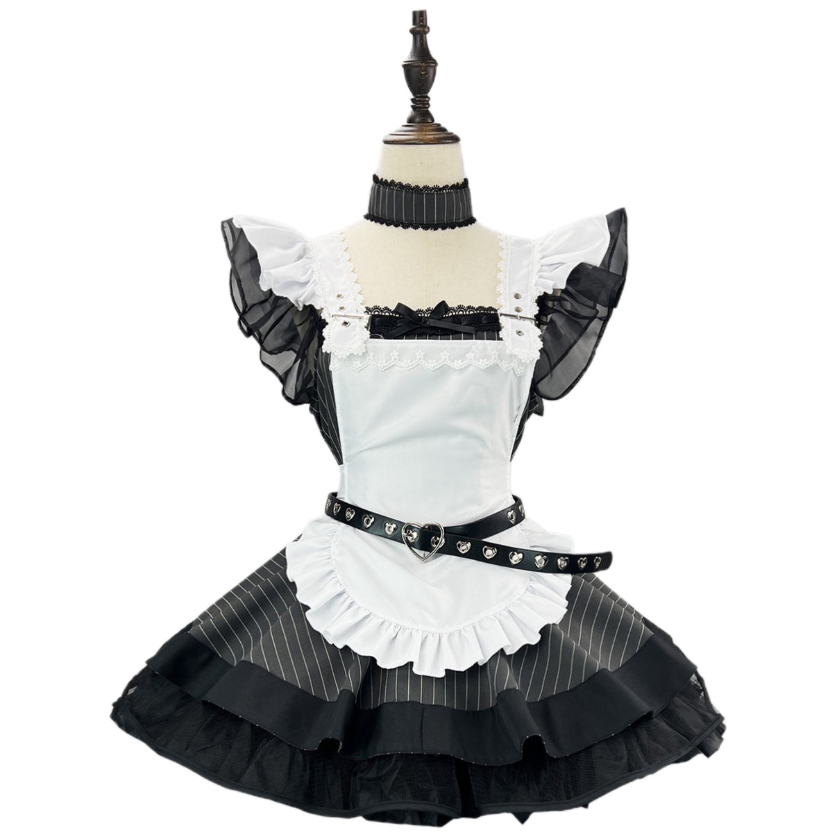 mannequin front display goth maid costume lace frill apron sheer sleeve heart belt matching choker