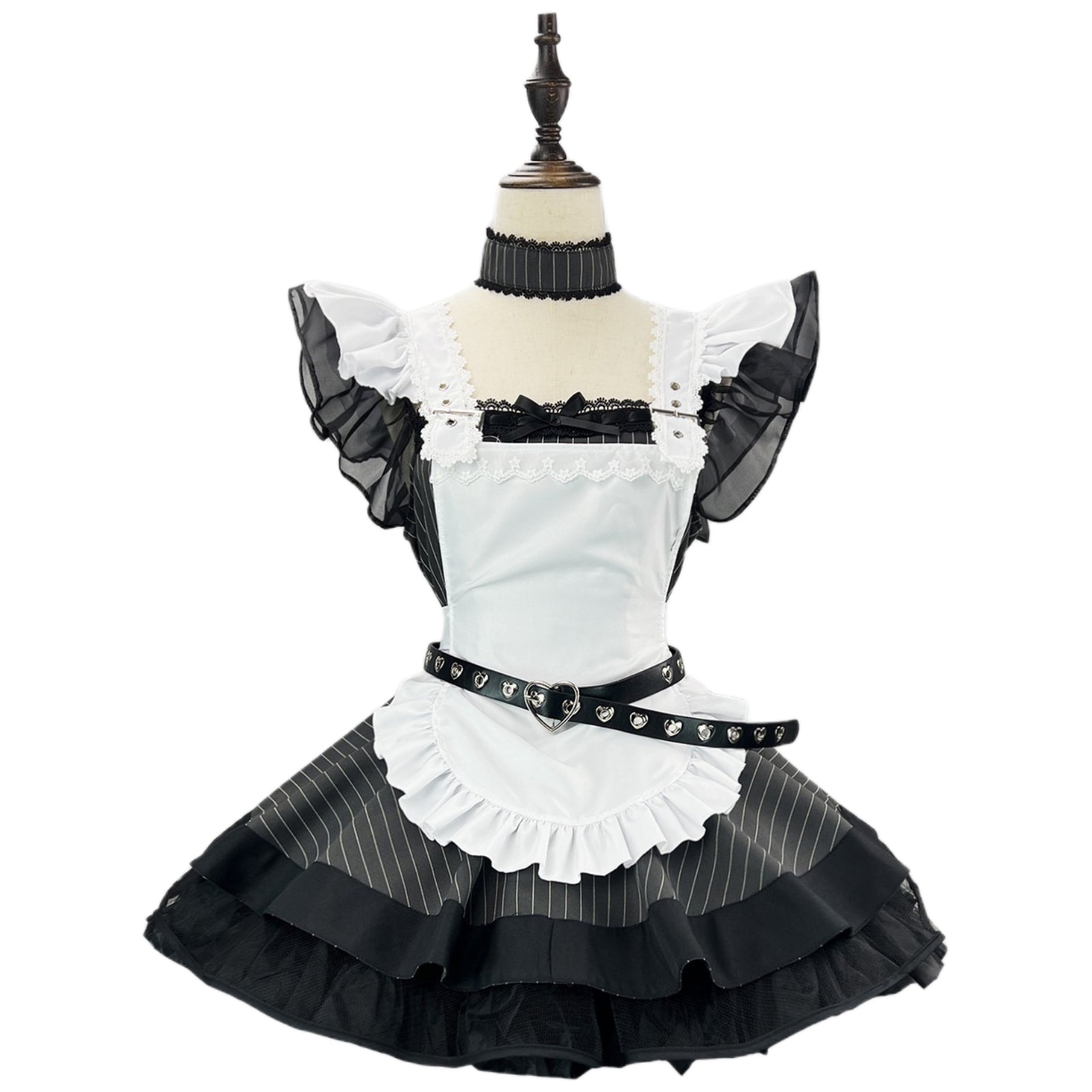 mannequin front display goth maid costume lace frill apron sheer sleeve heart belt matching choker