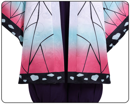 kochou shinobu cosplay dark embroidery kimono pink blue gradient sleeve hem black trim closeup
