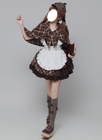 blonde girl vintage brown grid maid outfit detective cap plush book prop anime party costume