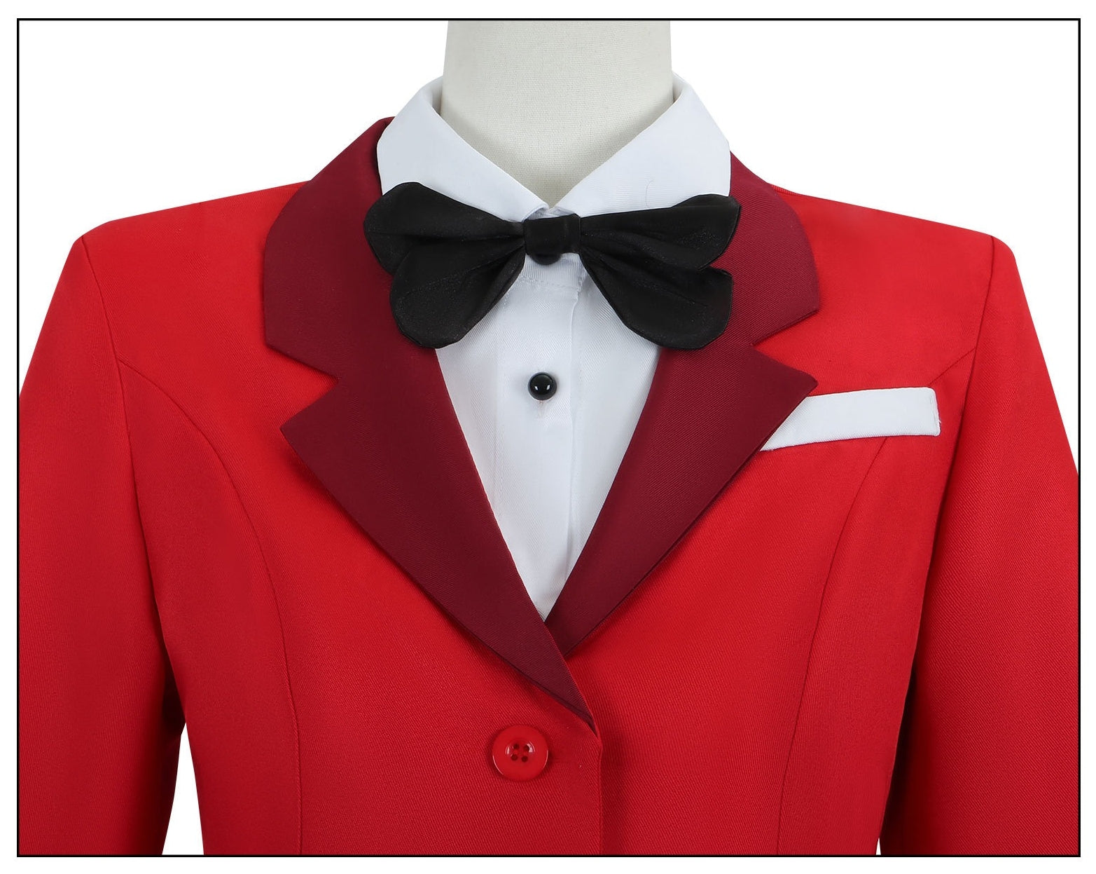 hazbin hotel cosplay charlie morningstar red blazer lapel bow tie close up