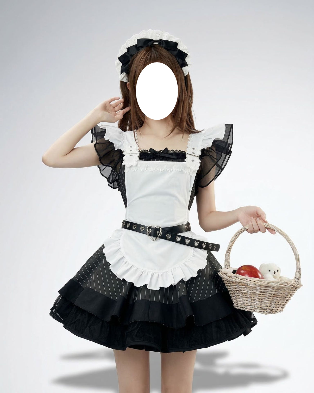brunette model sweet goth maid dress sheer ruffle sleeve layered tulle skirt wicker basket cos outfit