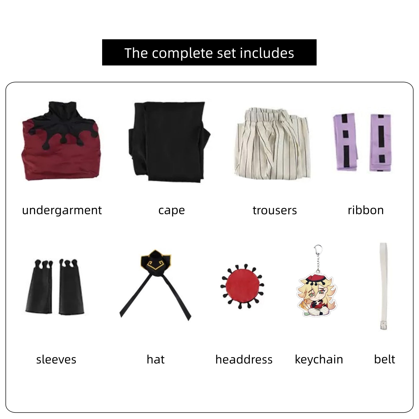 demon slayer douma cos full set split accessories, top cape trousers ribbon sleeves hat headdress belt keychain
