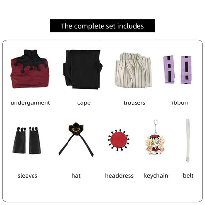 demon slayer douma cos full set split accessories, top cape trousers ribbon sleeves hat headdress belt keychain