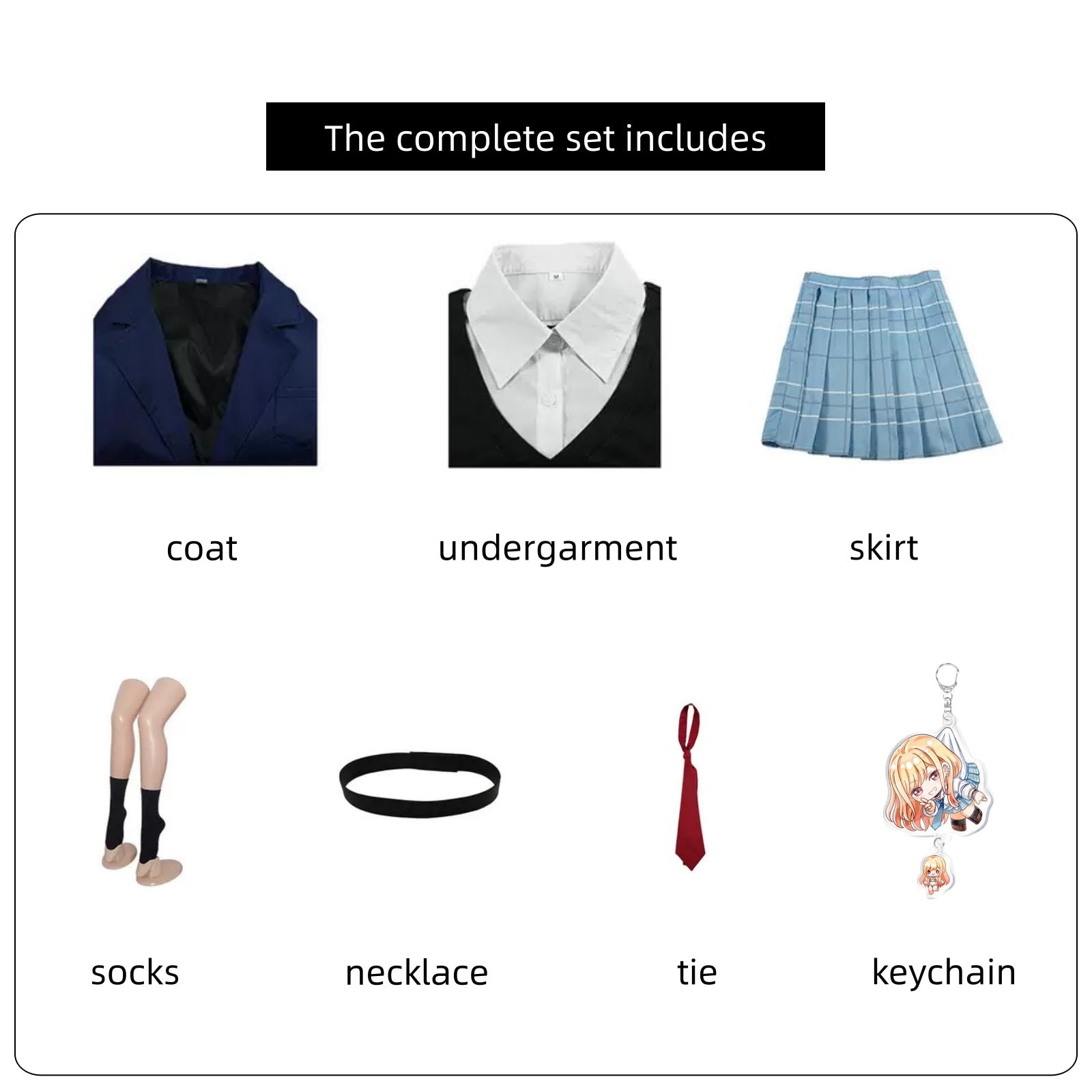 my dress-up darling full jk set blazer inner top skirt tie socks necklace acrylic keychain