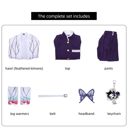 full kochou shinobu cosplay costume set butterfly kimono uniform top pants leg warmers belt headband keychain accessories