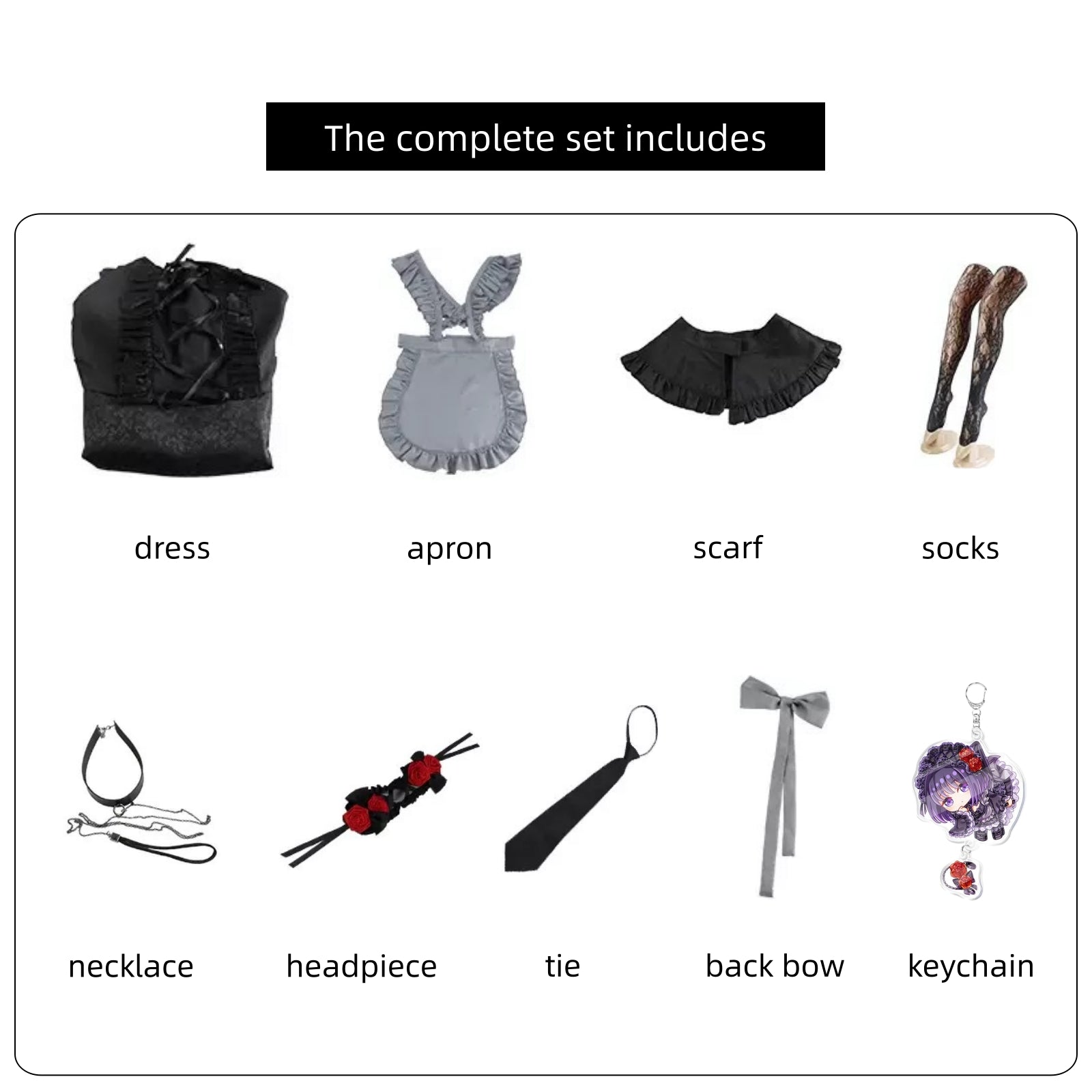 my dress-up darling shizuku maid set dress apron choker headpiece tie back bow lace socks acrylic keychain