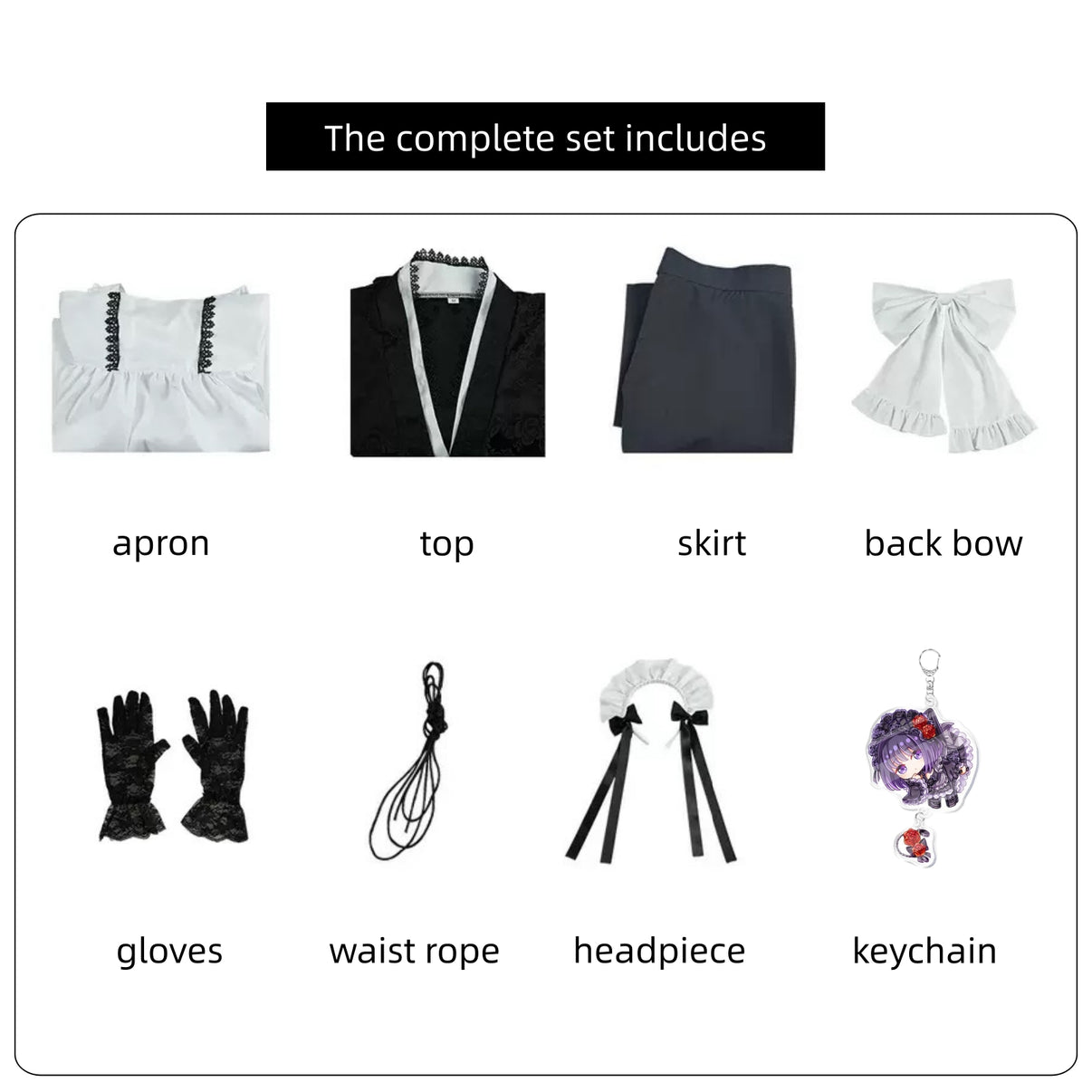 anime shizuku full set kimono top frilled apron gray skirt back bow lace gloves waist rope headband acrylic keychain