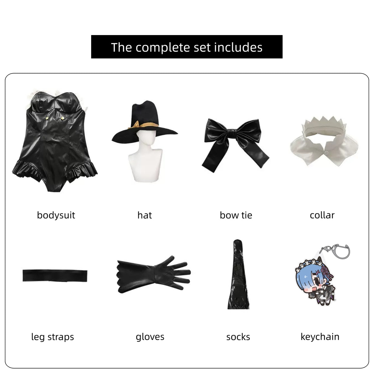 full set re zero rem bunny cosplay include leather bodysuit hat bow collar gloves thigh straps socks keychain