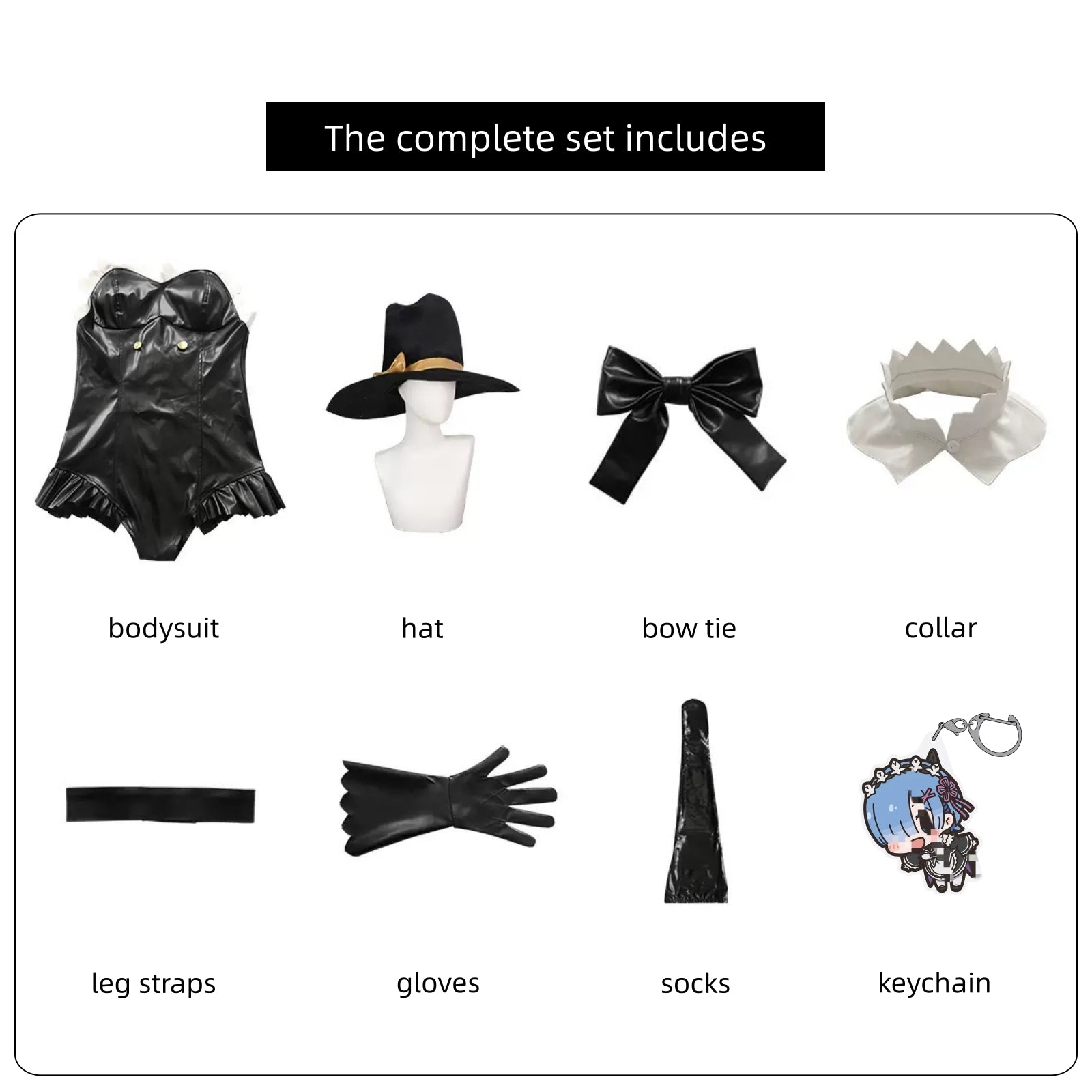 full set re zero rem bunny cosplay include leather bodysuit hat bow collar gloves thigh straps socks keychain