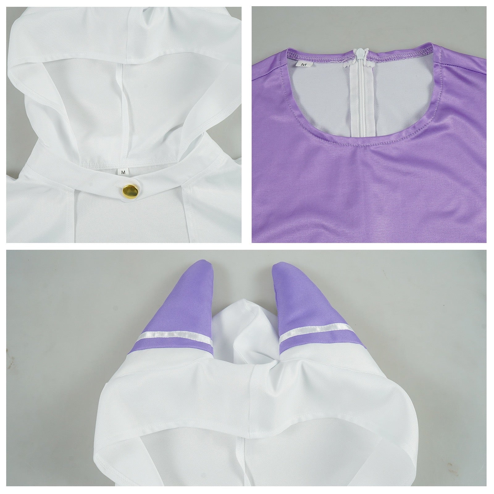 anime re zero emilia cosplay fabric close up hood button jumpsuit zipper elf ears