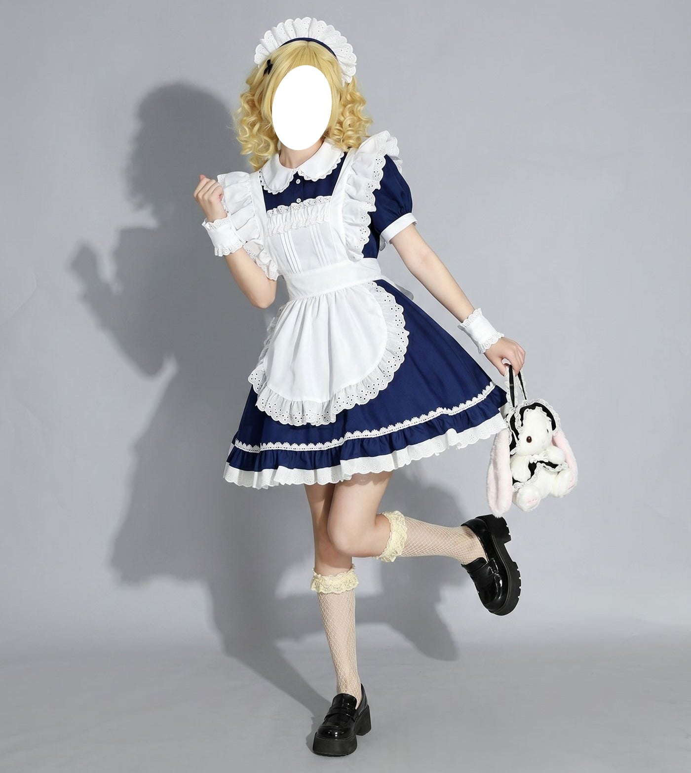 cute model wearing anime cosplay blue white french apron maid outfit women's lolita dress french maid costume